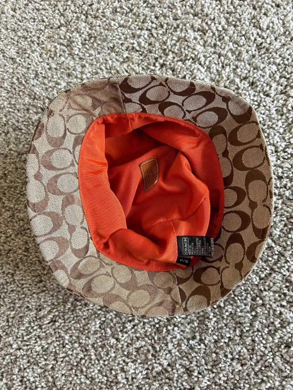 Coach Y2K Unisex Small Tan Signature Pattern Bucket Hat With Leather Trim